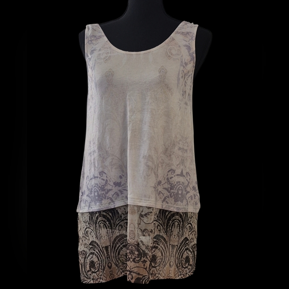 Origami Sheer Layered Neutral Print Damask  Sleeveless Tunic Tank - Size Medium